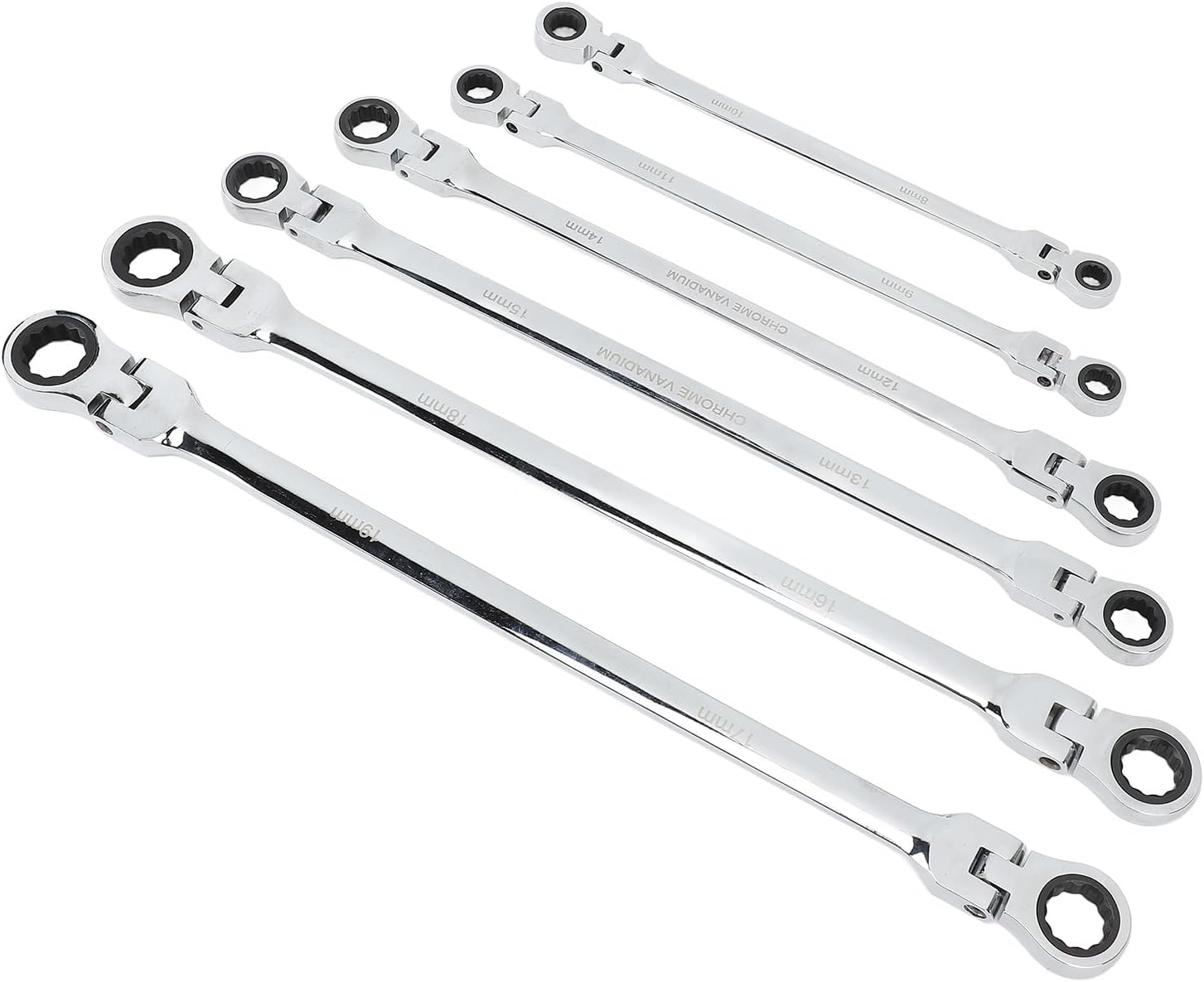 Qiilu 6pcs Flex Head Ratcheting Wrench Set, Metric 8-19mm CRV Steel, Extra Long Double Box End Ratchet Wrench for Repair, Greater Leverage and Easy in Tight Spaces, Efficient