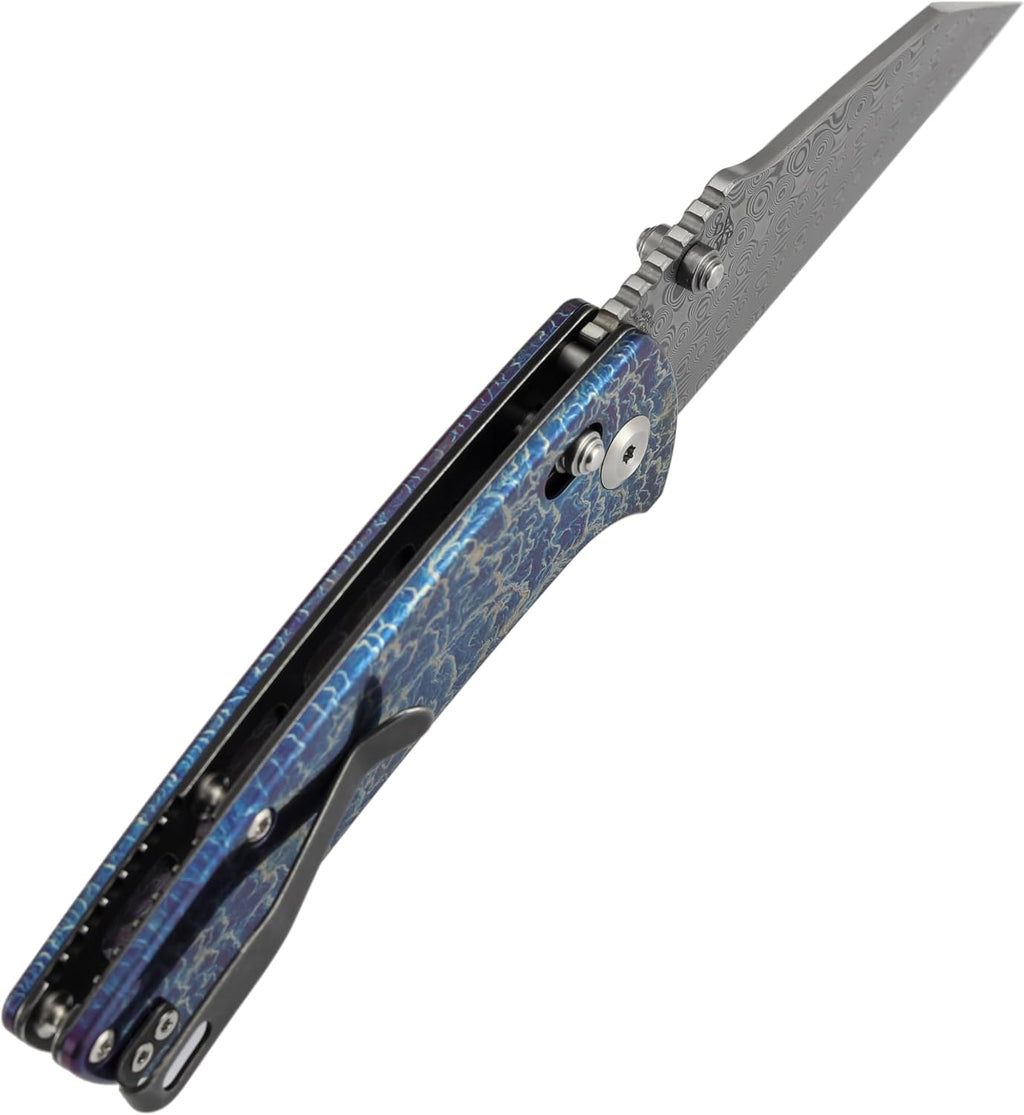 KANSEPT Elite Main Street Pocket Knife, 3.36'' Damascus Tanto Blade, Titanium with Lightning Strike Finish Handle with Thumb Stud,Clip for EDC, Men Gift Camping Survival Folding knives K1015V6