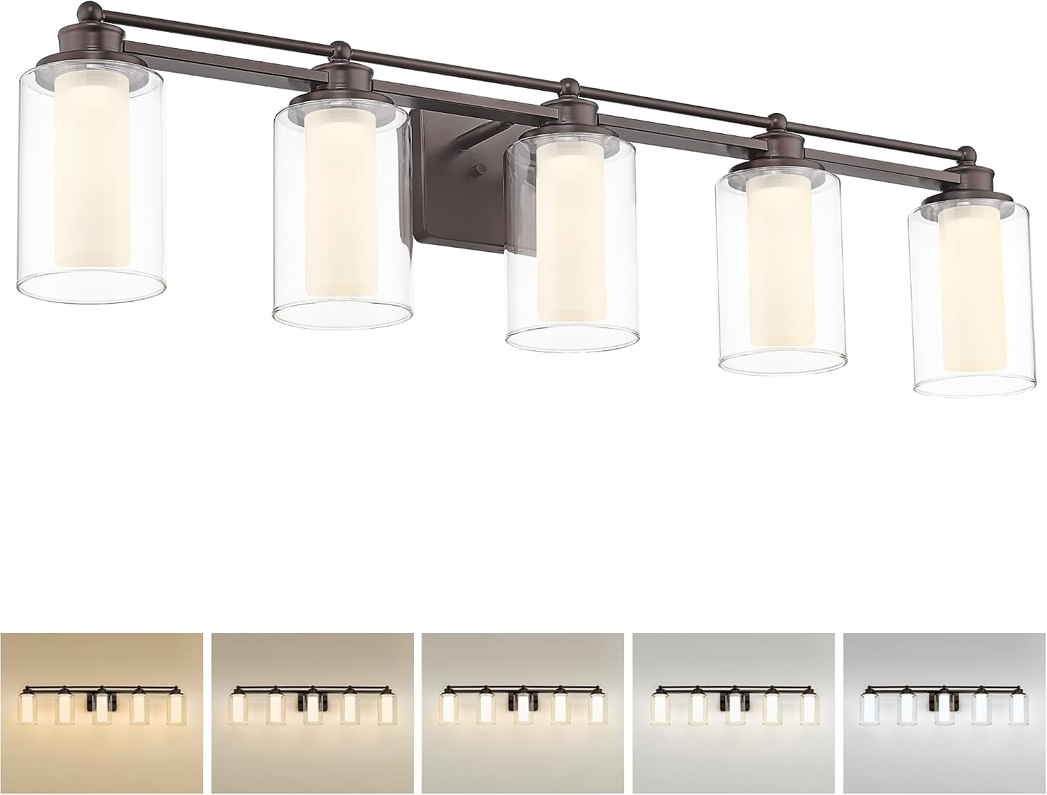 HWH 5-Light Bathroom Vanity Light Fixture, Oil-Rubbed Bronze Bathroom Lights Over Mirror, 30W 5CCT Dimmable LED Vanity Lights with Clear Glass, 5HLT63B-5W-LED ORB