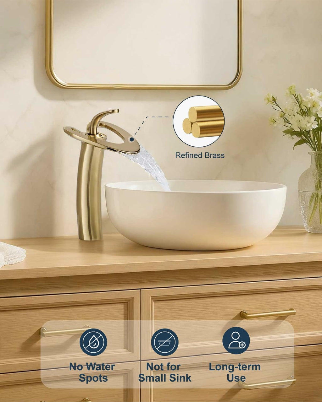 Tall Brushed Gold Waterfall Unique Bathroom Faucets, Single Lever 1 Hole Vessel Sink Faucets for Bathroom Vanity, Hot Cold Mixer Tap with Supply Hoses and Pop up Drain, llaves para lavamanos de baño