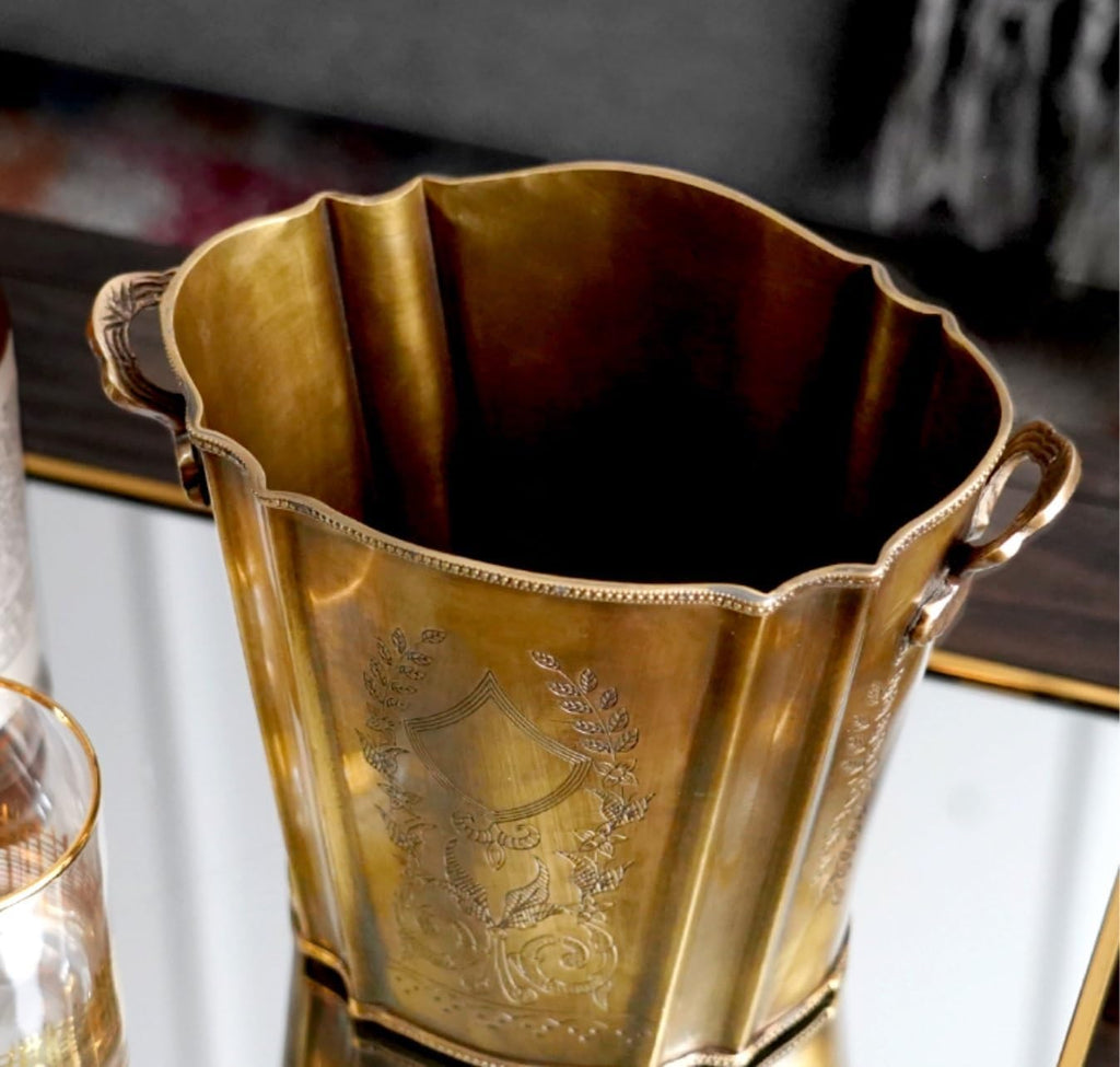 Ice Bucket Brass Carved Ice Bucket with Handles Handmade Vintage Champagne Wine Cooler for Parties