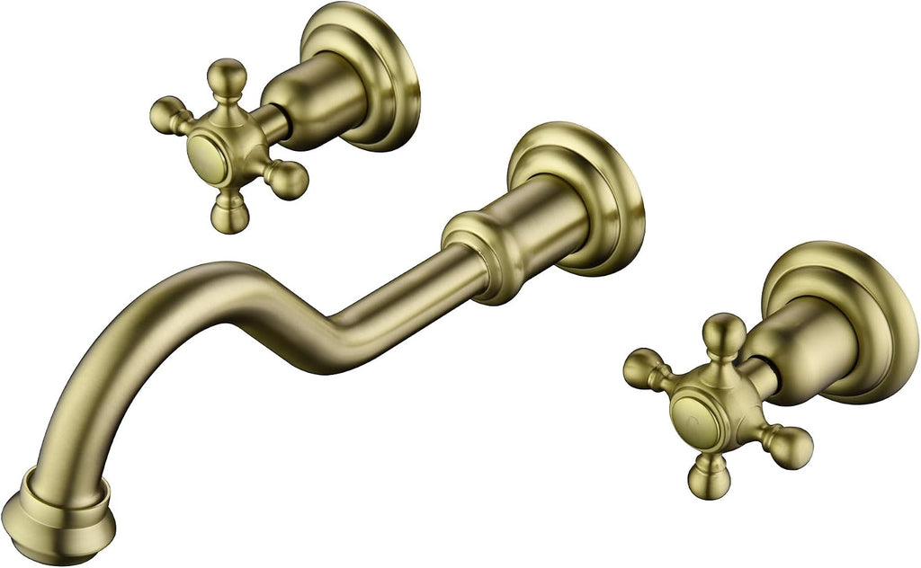 SUMERAIN Brushed Gold Wall Mount Bathroom Sink Faucet,3 Holes Vintage Style Lavatory Basin Faucet with Cross Knobs Included Rough-in Valve