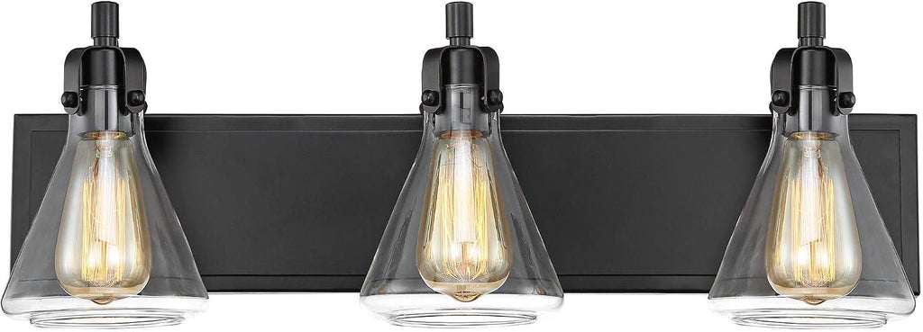 Possini Euro Design Cindy Farmhouse Industrial Rustic Wall Light Bronze Brown Metal Hardwired 24' Wide 3-Light Fixture Mounted Clear Glass Shade Bathroom Vanity Mirror House Home Hallway Room Decor