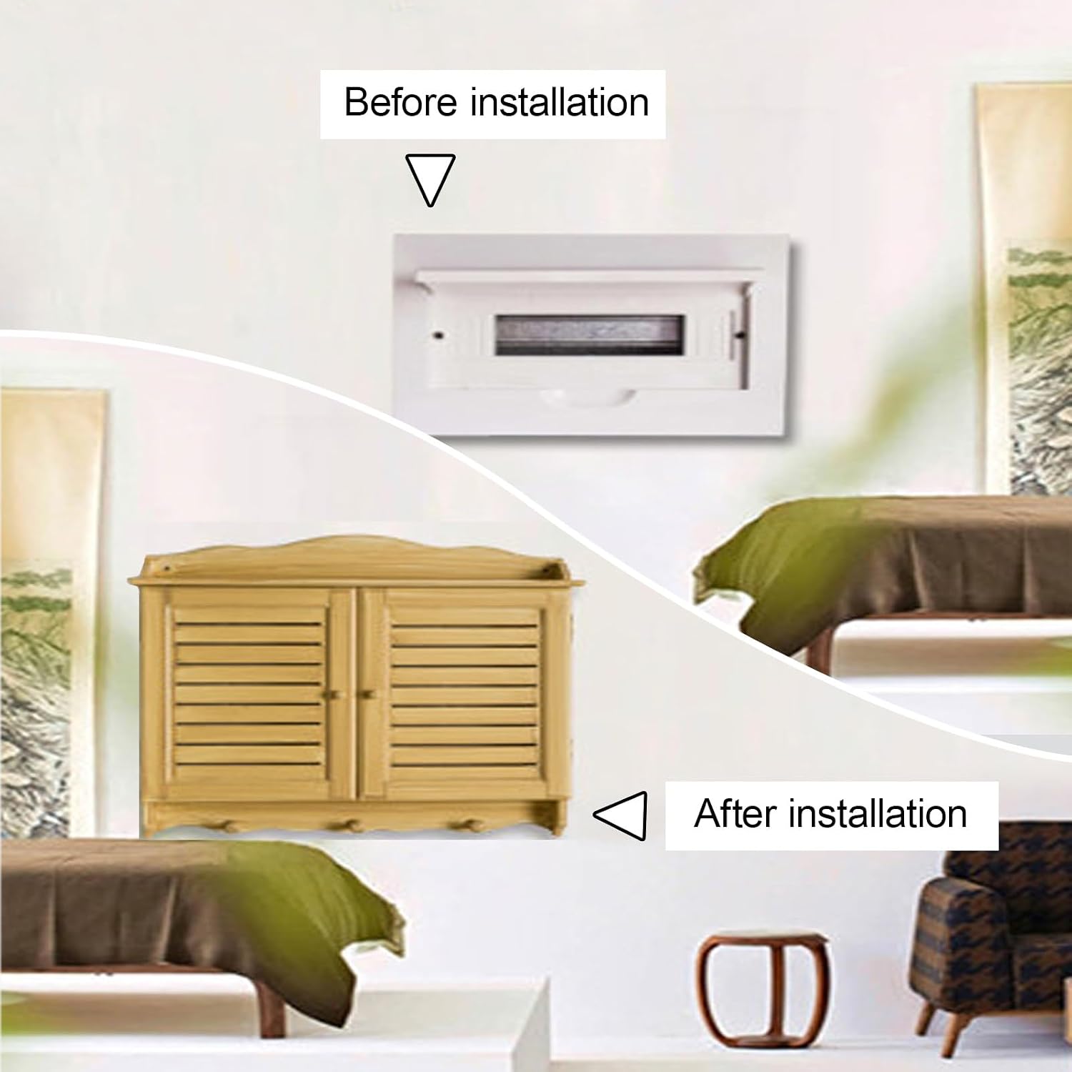 Decorative Electrical Panel Cover, Retro Meter Switch Box, Wooden Hide Breaker Box Cover, with Hooks and Handles, Flip-top Cabinet Doors Design(Beige,53 * 40cm/20.9 * 15.7in)