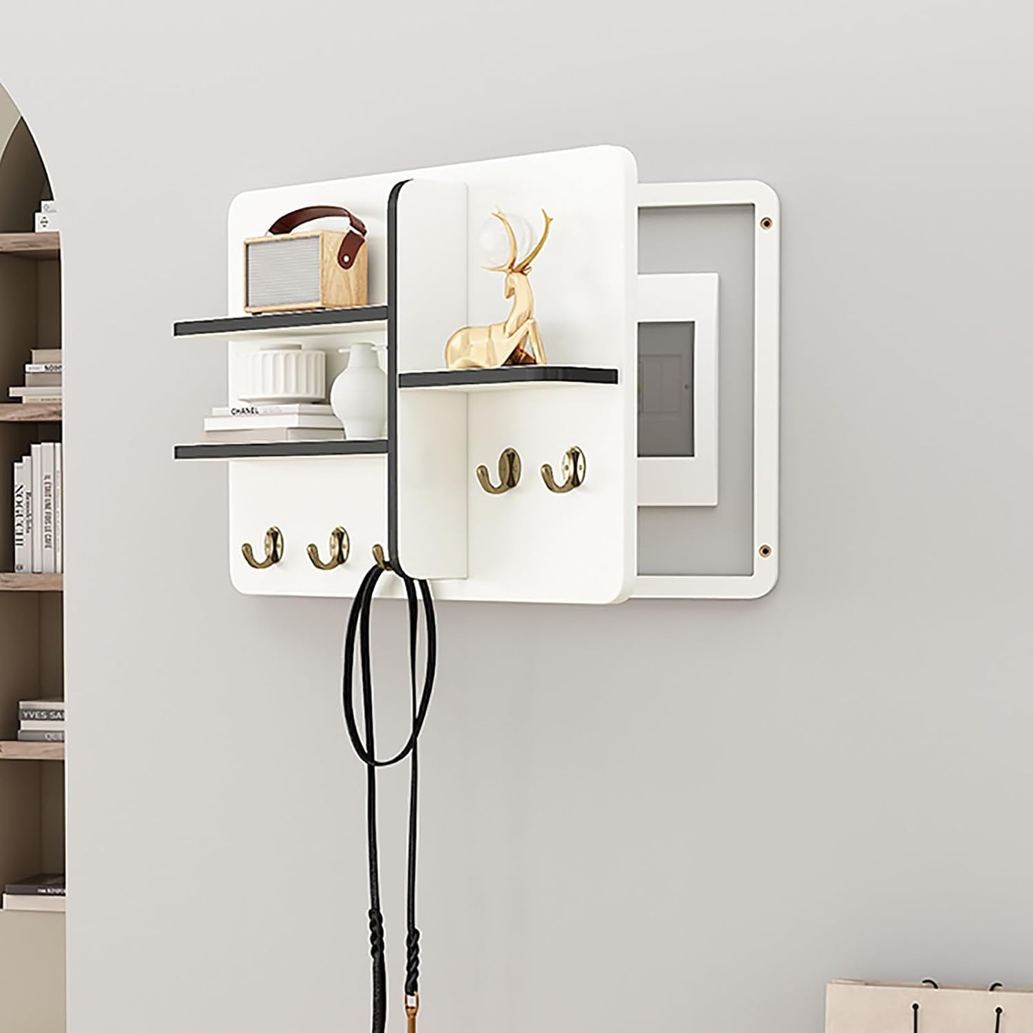 Decorative Fuse Box Covers, Hide Electrical Panel Decoration Wall Mounted, Wooden with Shelf & Hooks, Adapts to Different Interior Decoration Styles(White 2,50 * 40cm/20 * 16in)