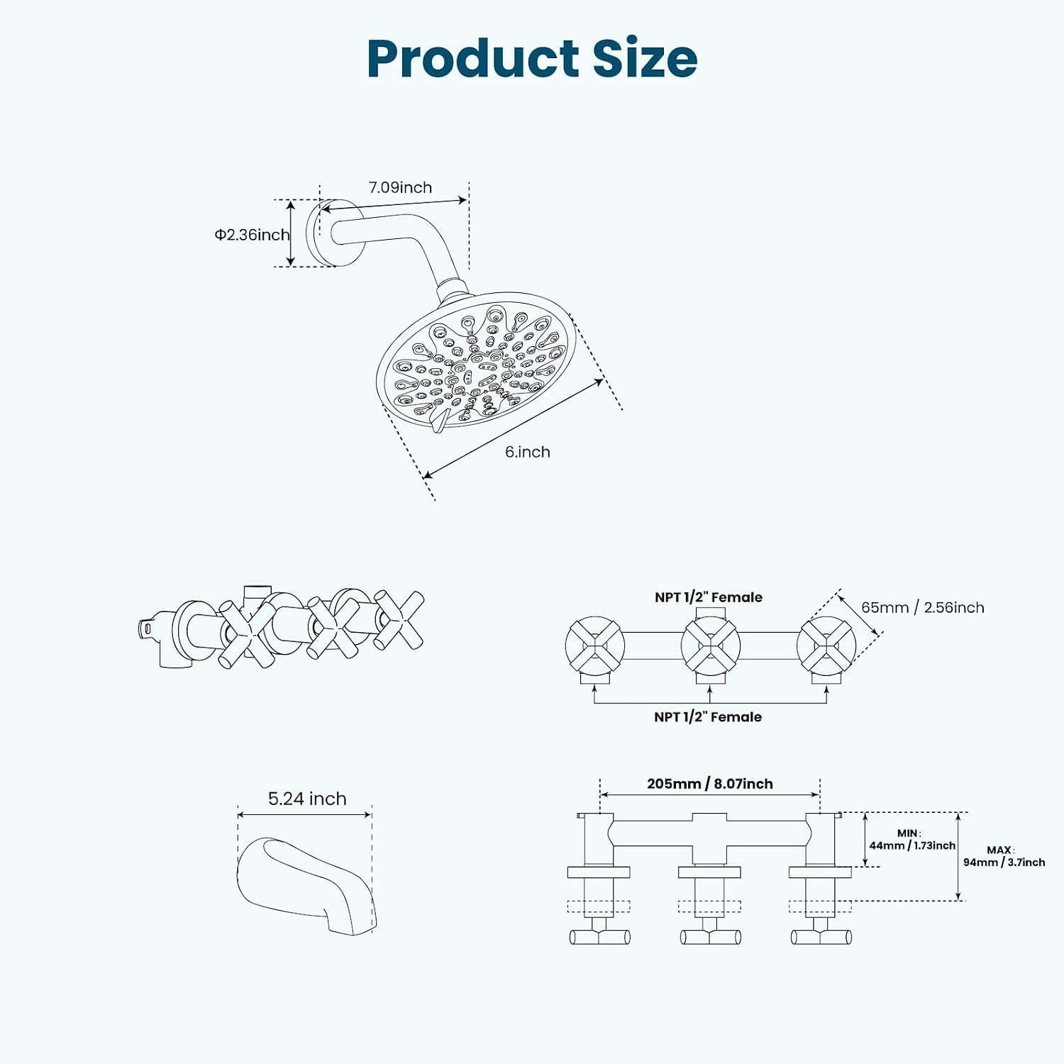 gotonovo 3 Handle Tub Shower Faucet Set, Tub and Shower Faucet Combo,Bathtub Faucet Set with 6 Settings Shower Head and Waterfall Tub Spout, Tub and Shower Trim Kit, Tub Shower Fixture Brushed Nickel