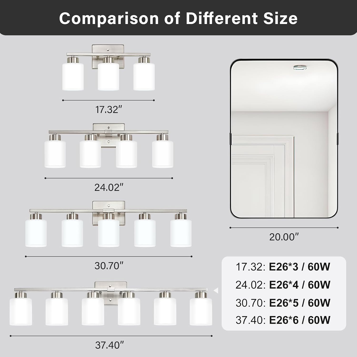 FonmYim Brushed Nickel Bathroom Light Fixtures, 6-Light Modern Vanity Light Over Mirror, Wall Sconces with Milky White Frosted Glass Shades, E26 Socket (Bulbs Not Included)