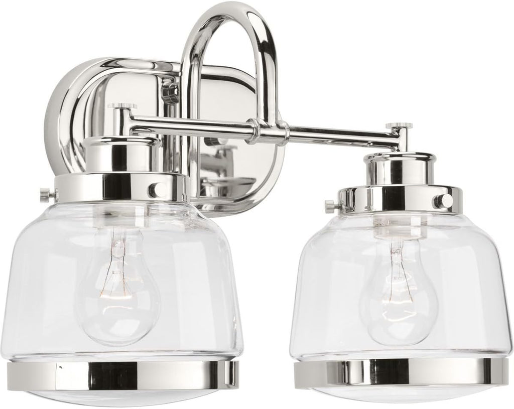 Progress Lighting P300081-104 Judson Collection Clear Glass Farmhouse Bath Vanity Light, 2-Light, Polished Nickel