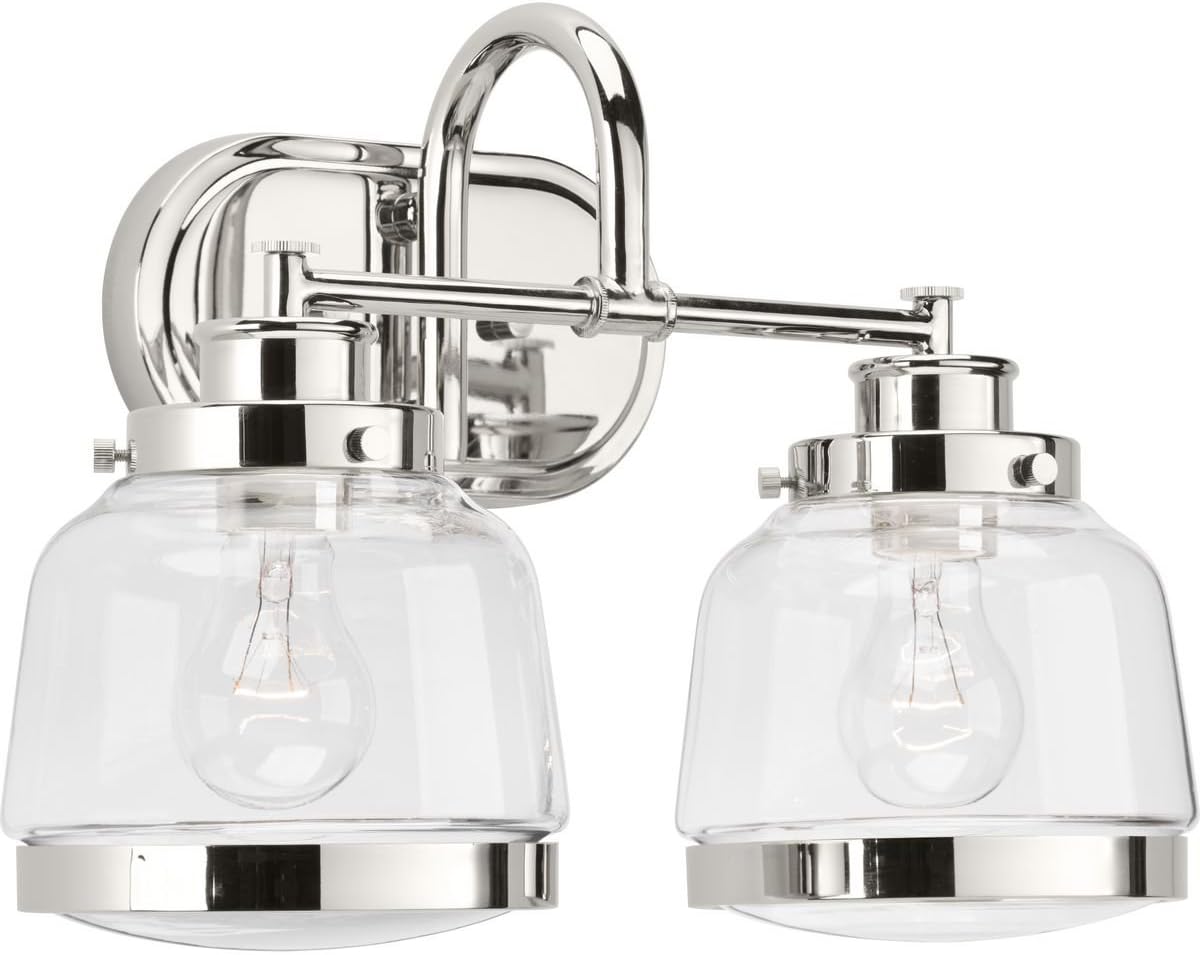 Progress Lighting P300081-104 Judson Collection Clear Glass Farmhouse Bath Vanity Light, 2-Light, Polished Nickel
