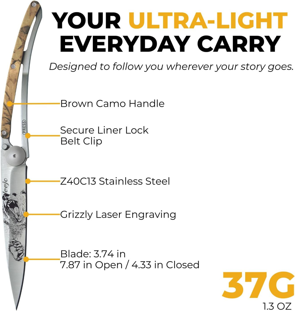 deejo - 37G Folding Pocket Knife with Belt Clip - Grizzly Design, 3.7-Inch Stainless Steel Blade, Brown Camo Handle - Lightweight Everyday Carry for Home, Work, and Outdoor Use
