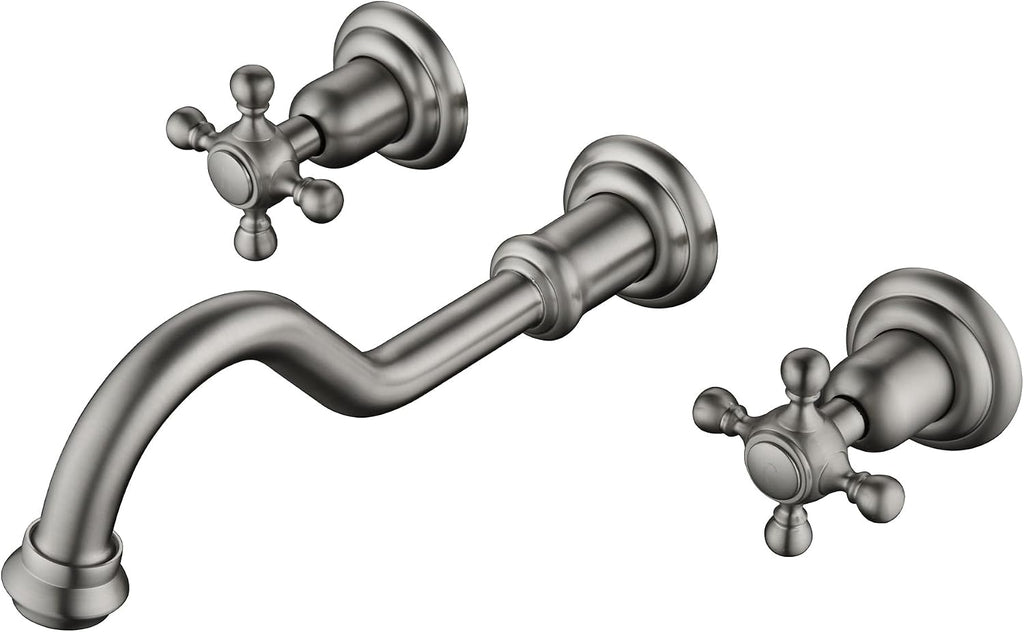 SUMERAIN Traditional Brushed Nickel Wall-Mounted Vessel Faucet, 3 Holes Cross Handles Bathroom Lavatory Sink with Included Rough-in Valve