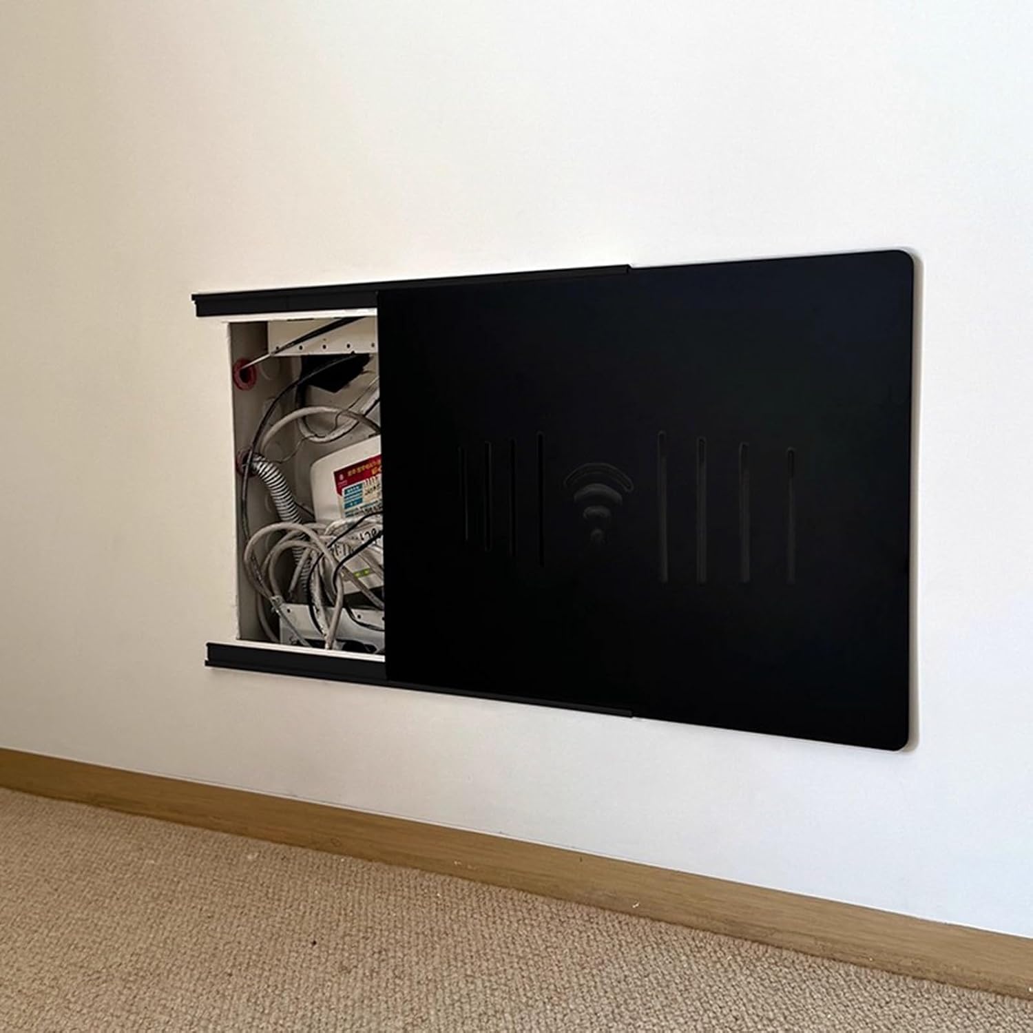 Electrical Panel Cover Sliding Breaker Box Cover with Self Adhesive Track, Extra Thin Electrical Panel Cover Decorative Wall, Safe Distribution Box Protective Lid(Black C,55 x 45 cm/21.7 x 17.7 in)
