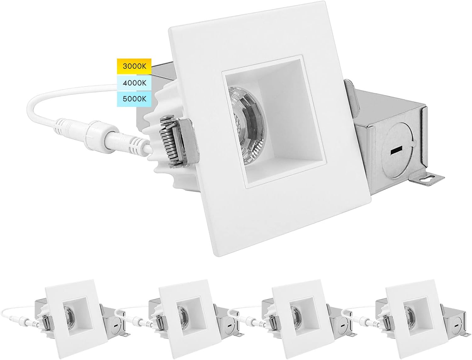 LUXRITE 2 Inch Square LED Recessed Lighting with Junction Box, 3CCT Selectable 3000K/4000K/5000K, CRI 90, Dimmable Canless LED Downlight Kit, 8W, 600 Lumens, IC Rated, Damp Rated, ETL Listed (4 Pack)
