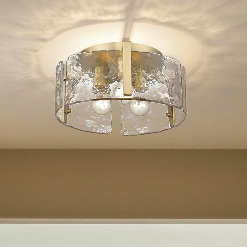 Golden Lighting Aenon 3-Light Hammered Water Glass Metal Flush Mount in Bronze