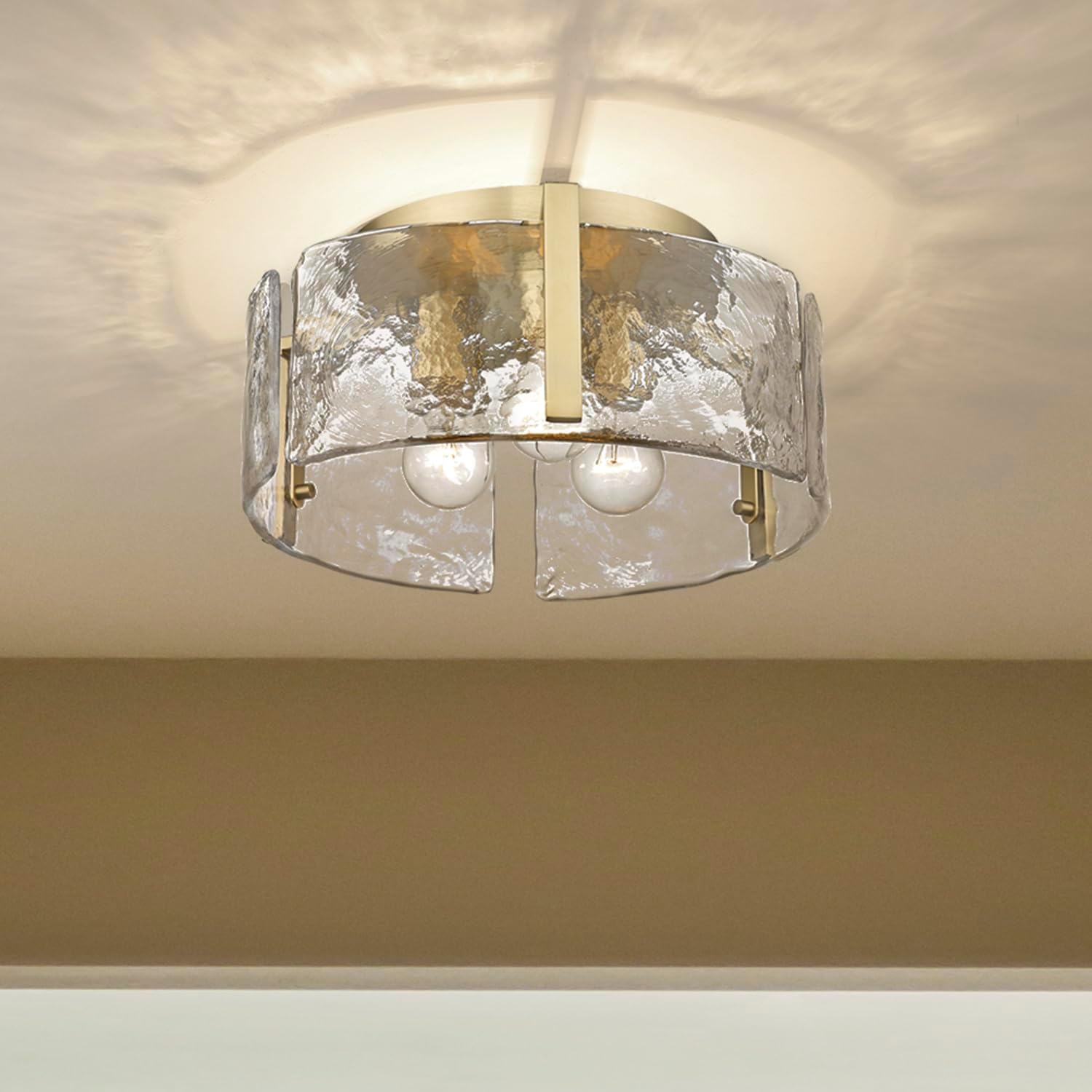 Golden Lighting Aenon 3-Light Hammered Water Glass Metal Flush Mount in Bronze