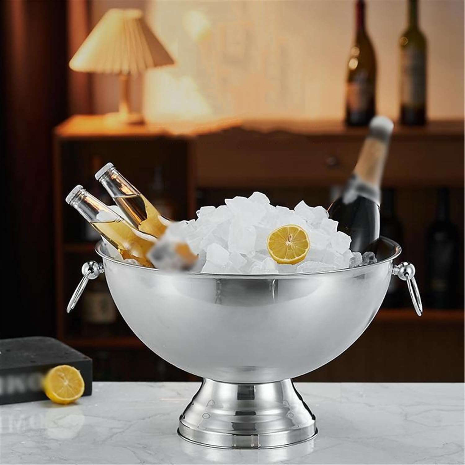 ice buckets Large Stainless Steel Double-eared Ice Bucket For Wine Champagne Beer KTV Clubs Bar Parties(Silver)