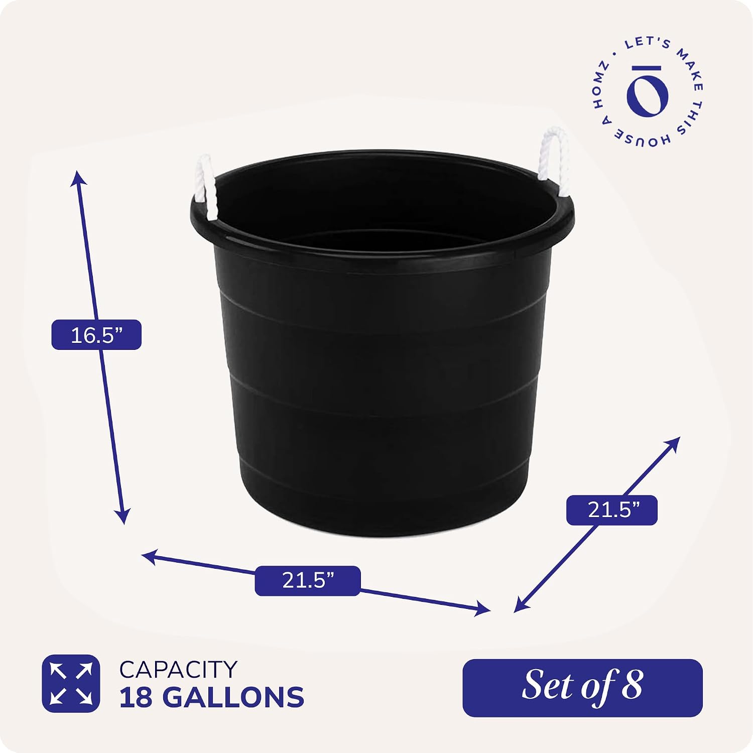 Homz 18 Gallon Durable Plastic Utility Storage Bucket Tub Organizers with Strong Rope Handles for Indoor and Outdoor Use, Black, 8 Pack