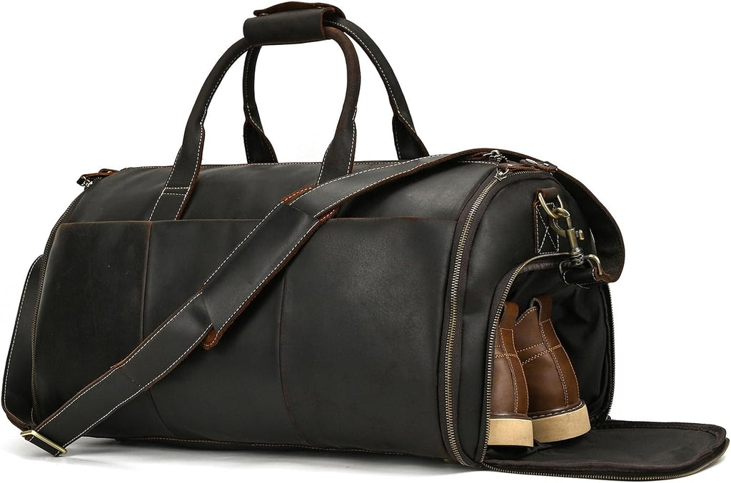 LUUFAN Full-grain Leather Garment Bag Large Capacity Travel Bag Business Suit Carrier Bag with Shoe Compartment, Overnight Gym Sports Duffel Bags for Men Women, Dark Brown