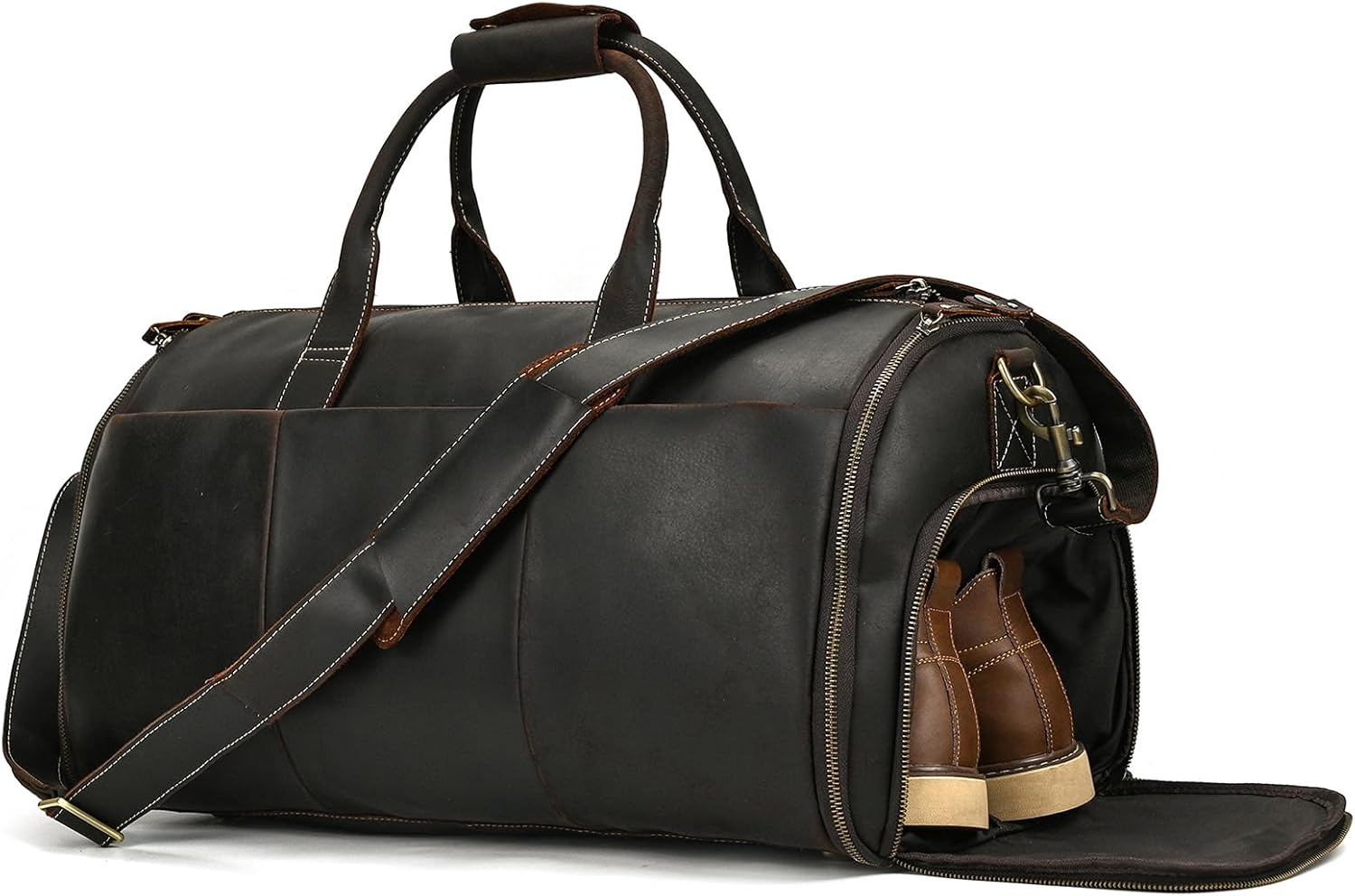 LUUFAN Full-grain Leather Garment Bag Large Capacity Travel Bag Business Suit Carrier Bag with Shoe Compartment, Overnight Gym Sports Duffel Bags for Men Women, Dark Brown