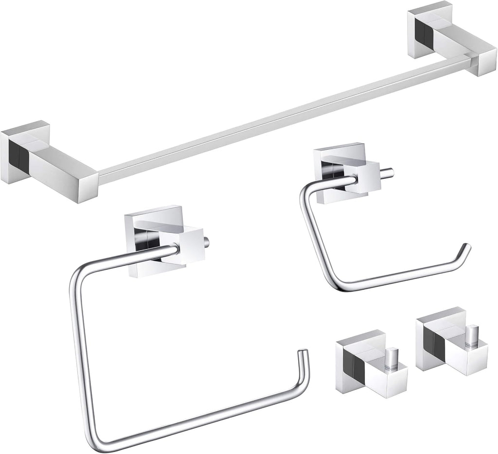 KIBI Cube Bathroom Hardware Set, 5-Piece Accessories Set | 18' Towel Bar, Towel Ring, Toilet Paper Holder, 2 Robe Hooks | Solid Brass Wall Mounted Bathroom Fixtures | Chrome Finish, C-KBA15-5-4