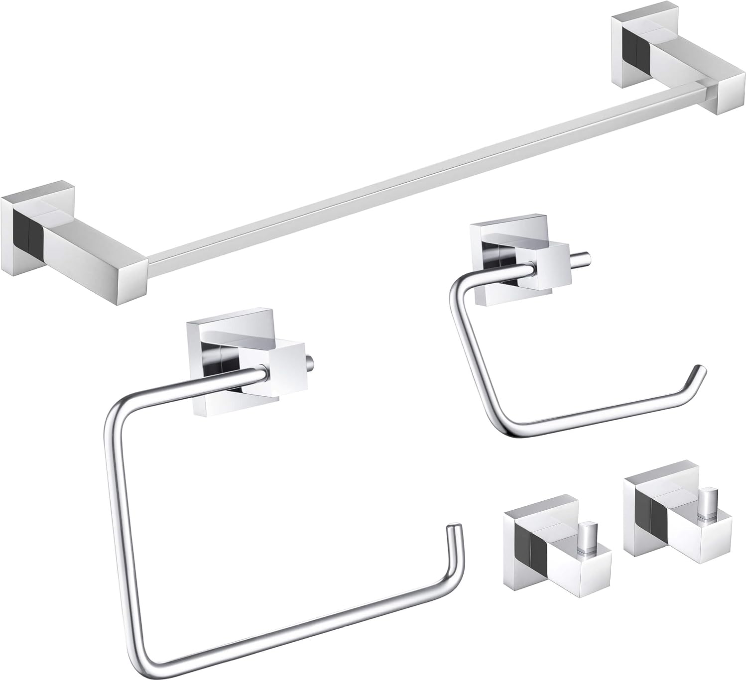 KIBI Cube Bathroom Hardware Set, 5-Piece Accessories Set | 18' Towel Bar, Towel Ring, Toilet Paper Holder, 2 Robe Hooks | Solid Brass Wall Mounted Bathroom Fixtures | Chrome Finish, C-KBA15-5-4