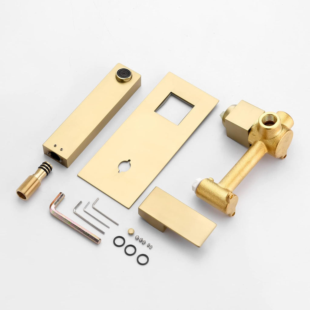 sumerain Wall Mount Bathroom Sink Faucet Brushed Gold and Rough in Valve Included, Left-Handed Single Handle