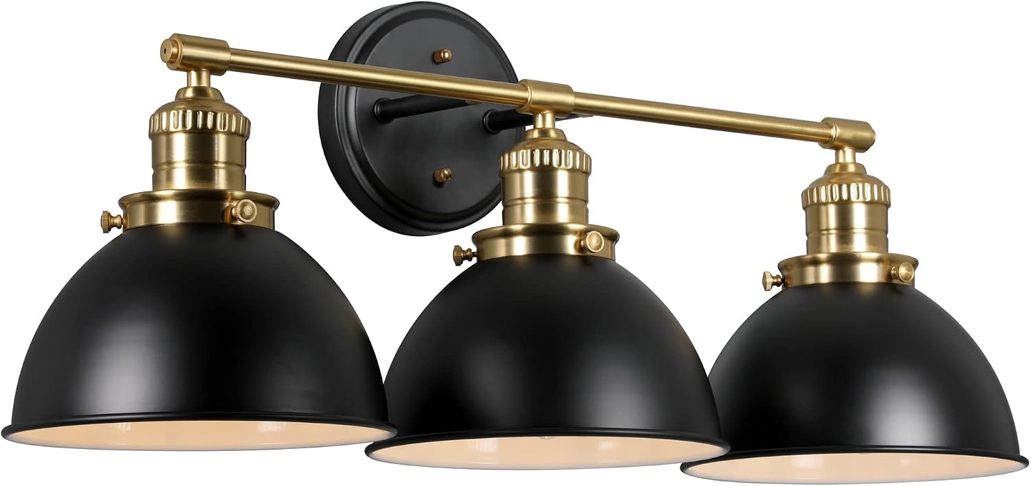Design House Savannah Rustic Farmhouse 3-Light Bathroom Vanity Light, Dimmable, Satin Gold, Matte Black Metal Shade, 26 in x 9 in x 10.88 in, 588301-BGD