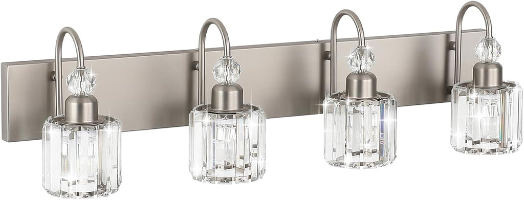 Ralbay 4-Light Crystal Vanity Light for Bathroom Brushed Nickel Modern Bathroom Light Fixtures