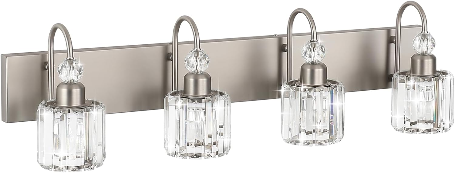 Ralbay 4-Light Crystal Vanity Light for Bathroom Brushed Nickel Modern Bathroom Light Fixtures