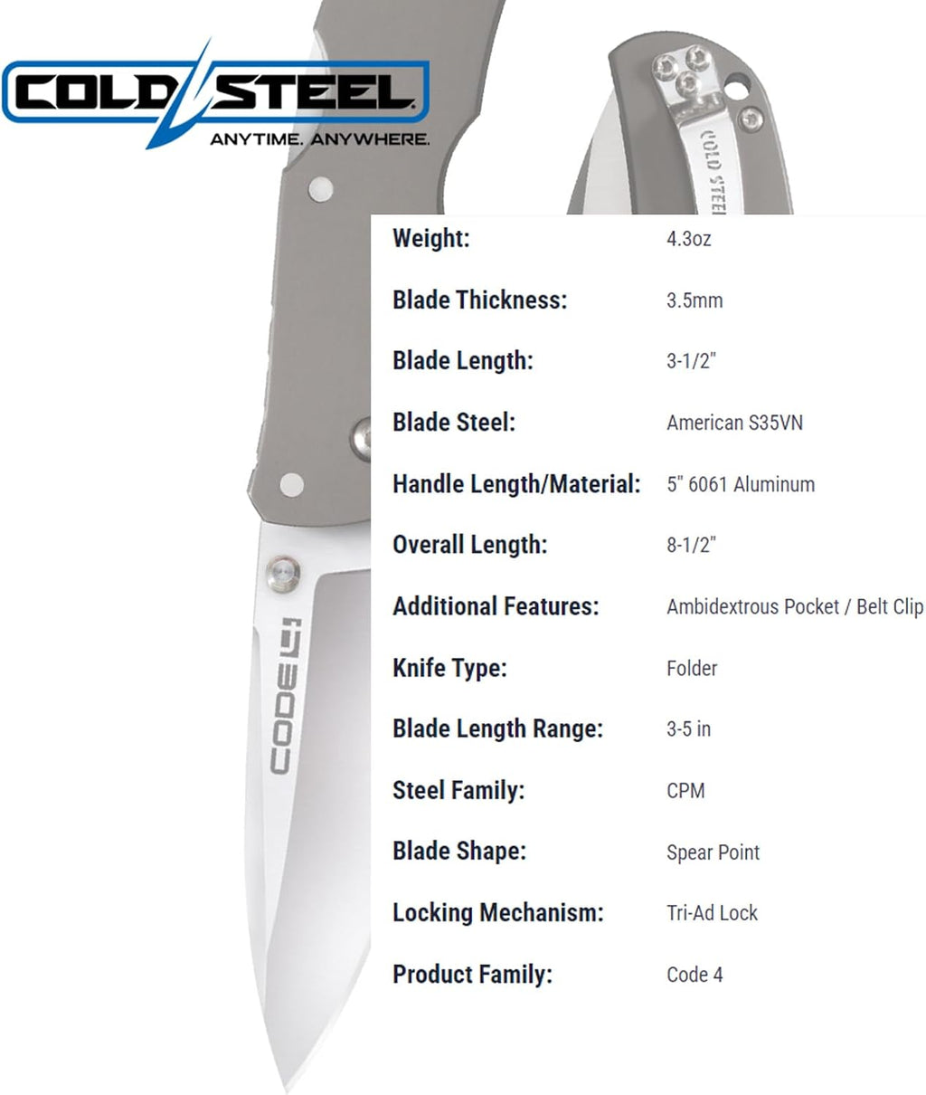 COLD STEEL Code 4 3.5' S35VN Razor-Sharp Blade 5' 6061 Aluminum Handle Everyday Carry Tactical Folding Knife w/Tri-Ad Locking Mechanism