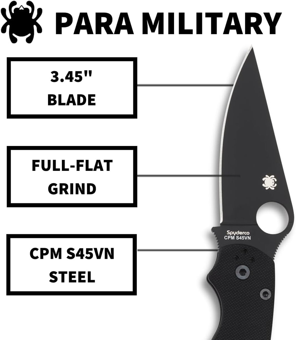 Spyderco Para Military 2 Folding Pocket Knife with 3.4' CPM S45VN Steel Blade and G-10 Handle - EDC Knife for Men and Women, Perfect for Hunting, Tactical, Camping, Survival - PlainEdge - C81GPBK2