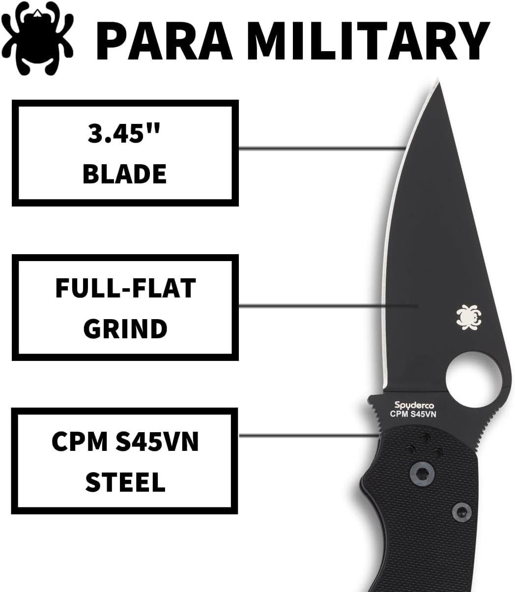 Spyderco Para Military 2 Folding Pocket Knife with 3.4' CPM S45VN Steel Blade and G-10 Handle - EDC Knife for Men and Women, Perfect for Hunting, Tactical, Camping, Survival - PlainEdge - C81GPBK2
