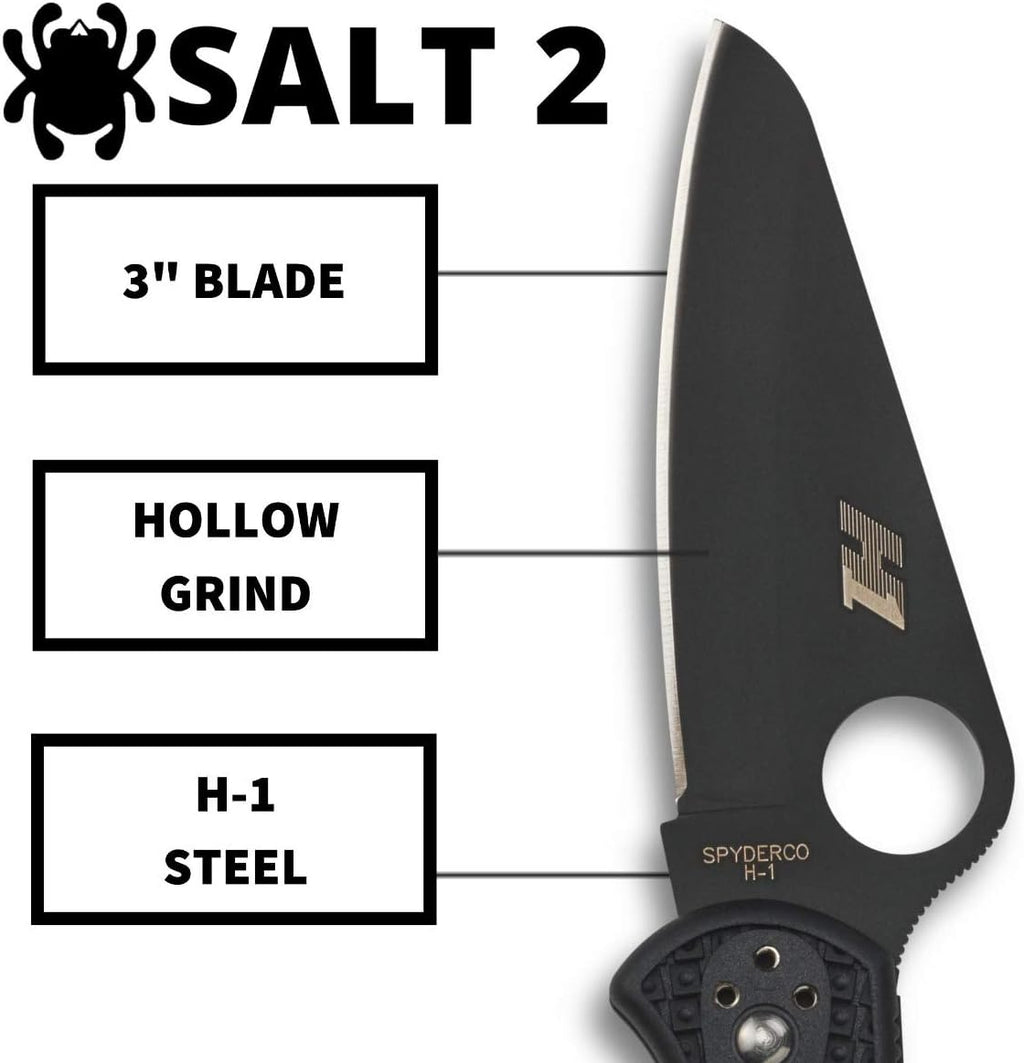 Spyderco Salt 2 Lightweight Knife with 3' H-1 Ultra-Corrosion Resistant Steel Blade and Black FRN Handle - PlainEdge - C88PBBK2