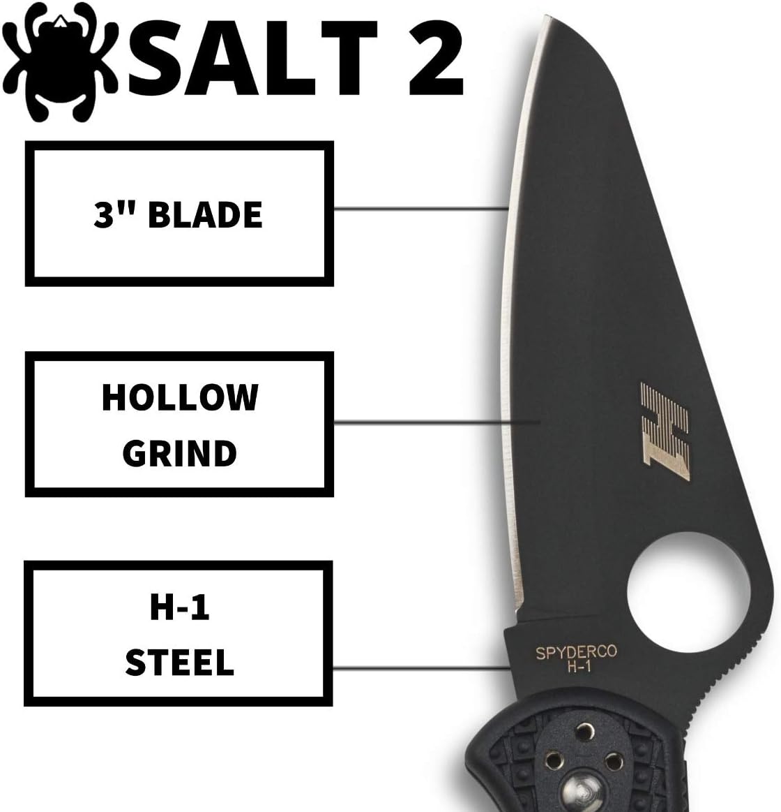 Spyderco Salt 2 Lightweight Knife with 3' H-1 Ultra-Corrosion Resistant Steel Blade and Black FRN Handle - PlainEdge - C88PBBK2