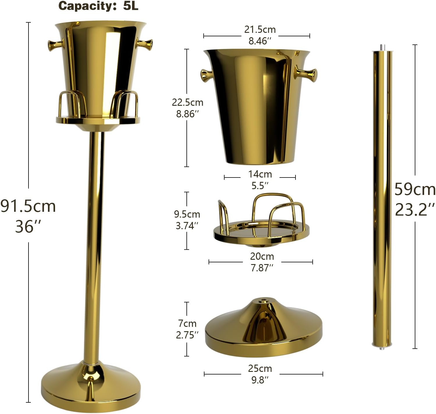 Ice Bucket with Stand, Vertical Stainless Steel Champagne Bucket, Ice Container,Standing Wine Cooler,Wedding Beer KTV Barbecue Club Bar 5L(Gold, 2 Packs)