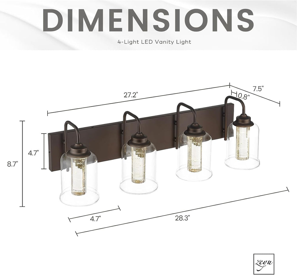 zeyu 20W LED Vanity Light Bathroom, 4-Light Farmhouse Vanity Lighting Over Mirror with Crystal Bubble and Clear Glass, 5CCT Adjustable, Oil Rubbed Bronze Finish, ZSL72B-4W LED ORB-1