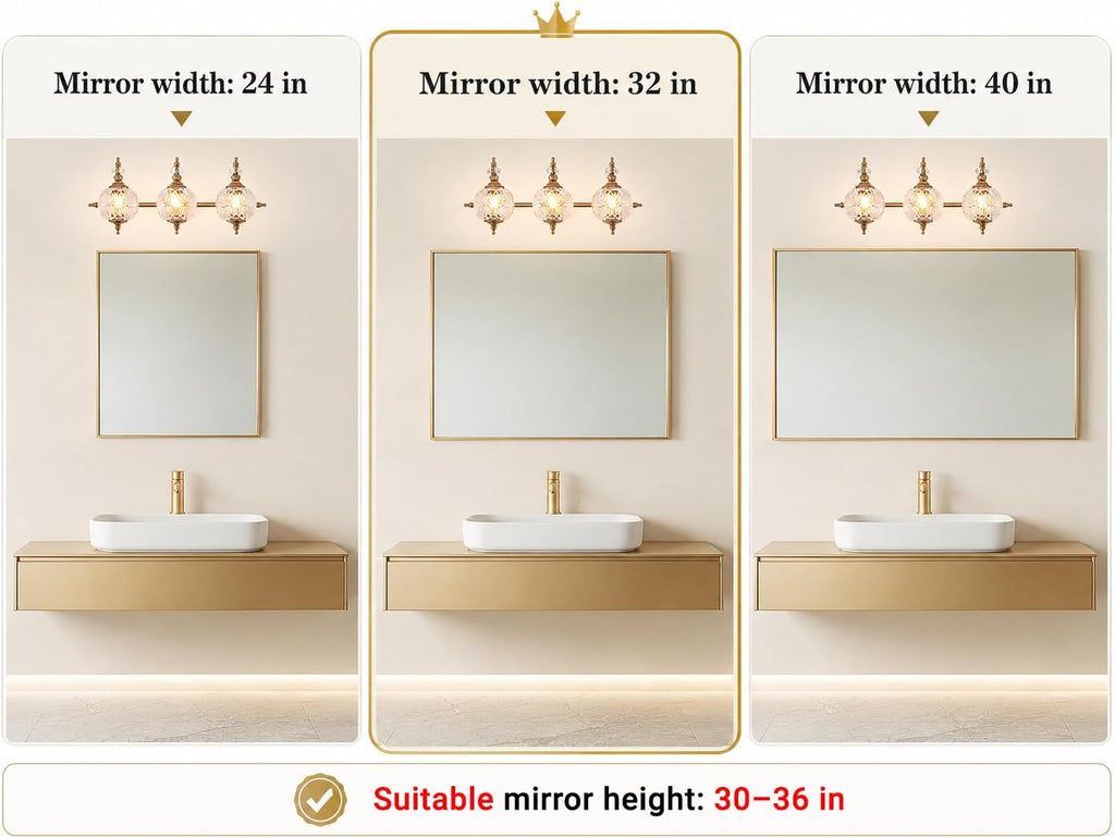 Brushed Antique Brass Bathroom Vanity Light Fixture Vintage Style - 3 Light G9 Bulb Compatible, 23' Wide Bathroom Lighting Over Mirror with Hand-Etched Glass Shades, Easy Mount for Makeup Area