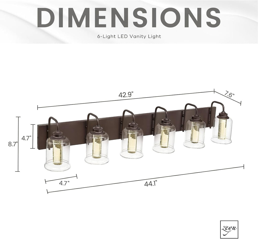 zeyu 40W 6 Light Bathroom Light Fixtures, 44 Inch LED Vanity Wall Light with 5 Color Modes, Oil Rubbed Bronze Finish with Crystal Bubble and Clear Glass, ZSL72B-6W LED ORB