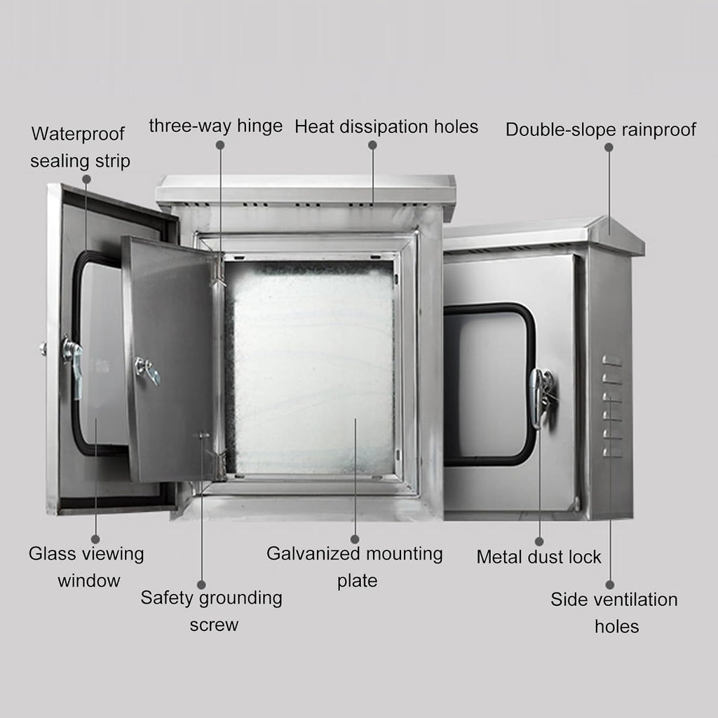 Electrical Junction Box with Double Doors, Stainless Steel Electrical Distribution Enclosure with Mounting Base Plate and Viewing Window, for Industrial/Commercial Installation(50x60x25cm)