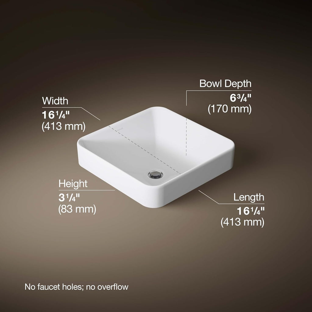 KOHLER 2661-0 Vox Square Vessel Bathroom Sink, Vitreous China, 16-1/4' W X 16-1/4' L, White
