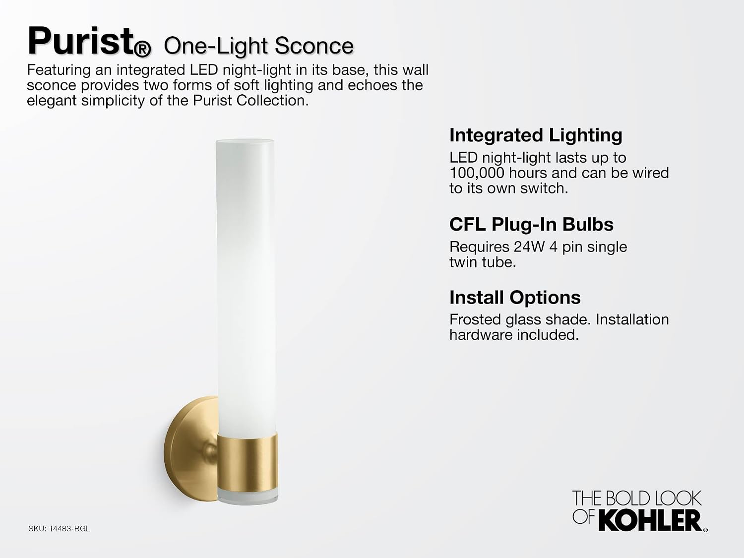 Kohler 32375-SC01-AFL Purist 17 in. One-Light Sconce, French Gold