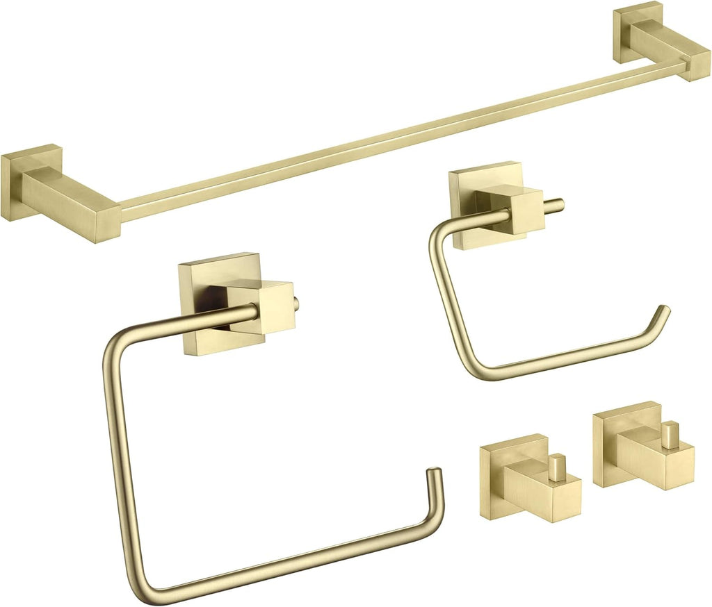 KIBI Cube Bathroom Hardware Set 5 Piece Bathroom Accessories Set | Towel Bar (24'), Towel Ring, Toilet Paper Holder, Robe Hooks (Brushed Gold) (C-KBA15-5-2)