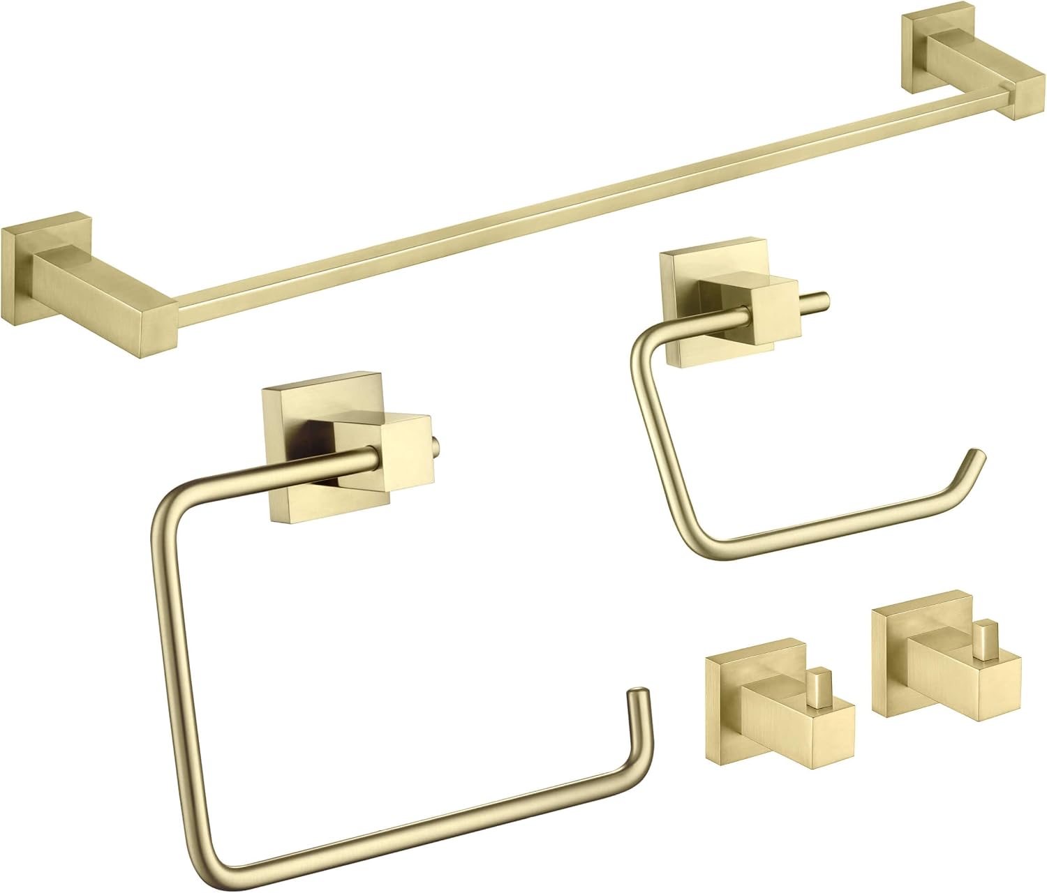 KIBI Cube Bathroom Hardware Set 5 Piece Bathroom Accessories Set | Towel Bar (24'), Towel Ring, Toilet Paper Holder, Robe Hooks (Brushed Gold) (C-KBA15-5-2)