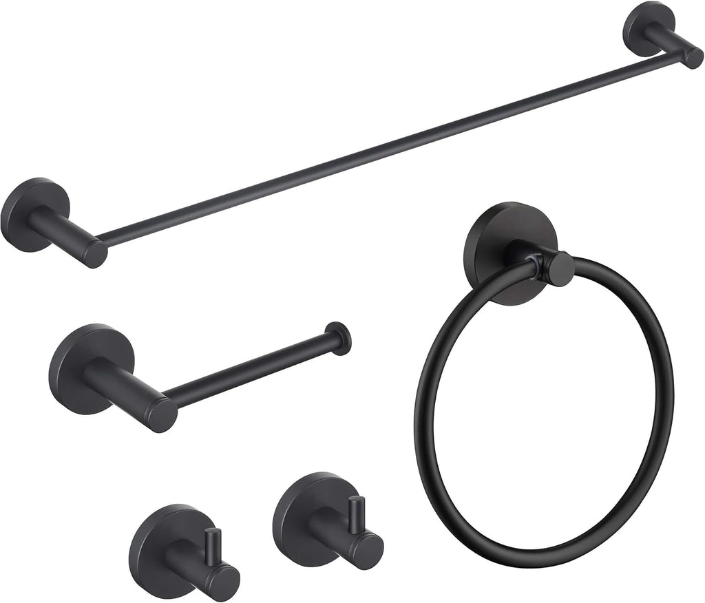 KIBI Circular Bathroom Hardware Set 5-Piece | 24' Towel Bar, Towel Ring, Toilet Paper Holder, 2 Robe Hooks | Wall-Mounted Solid Brass Bathroom Accessories | Matte Black, C-KBA14-5-1