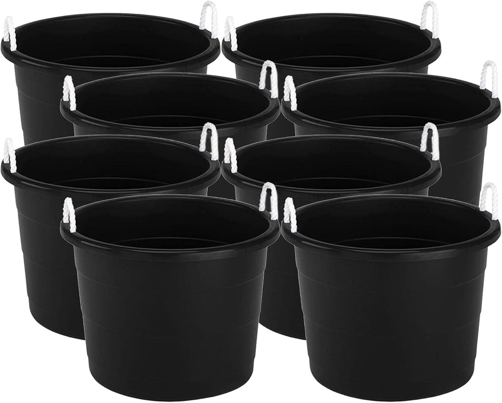 Homz 18 Gallon Durable Plastic Utility Storage Bucket Tub Organizers with Strong Rope Handles for Indoor and Outdoor Use, Black, 8 Pack