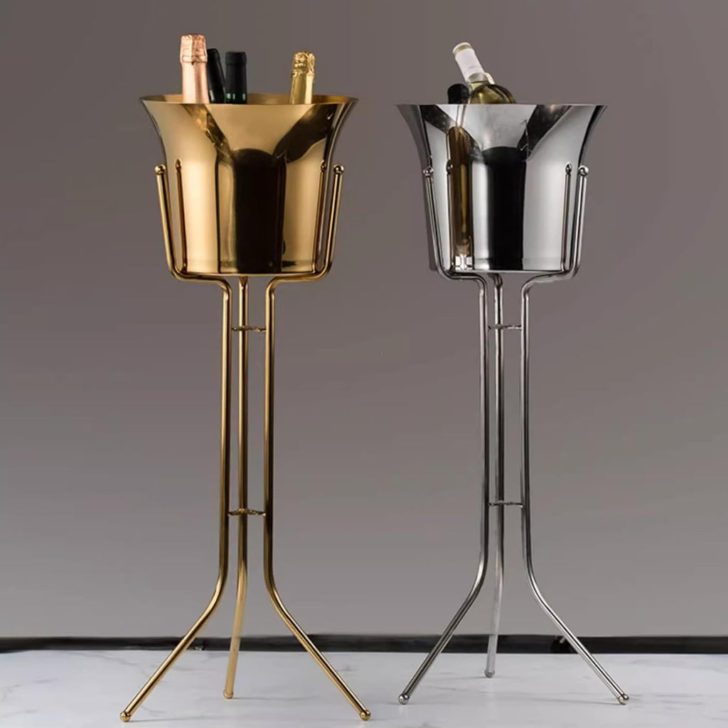 Keep Ice Frozen Longer Stainless Steel Wine Ice Bucket with Stand Chiller on Kitchen and Bar Ware Beverage Barware Accessories for parties(Gold)