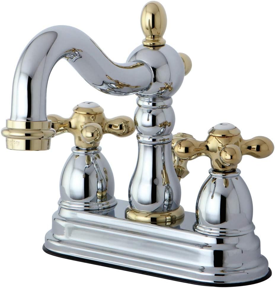 Kingston Brass KB1604AX Heritage 4' Centerset Lavatory Faucet with Metal Cross Handle, Chrome/Polished Brass