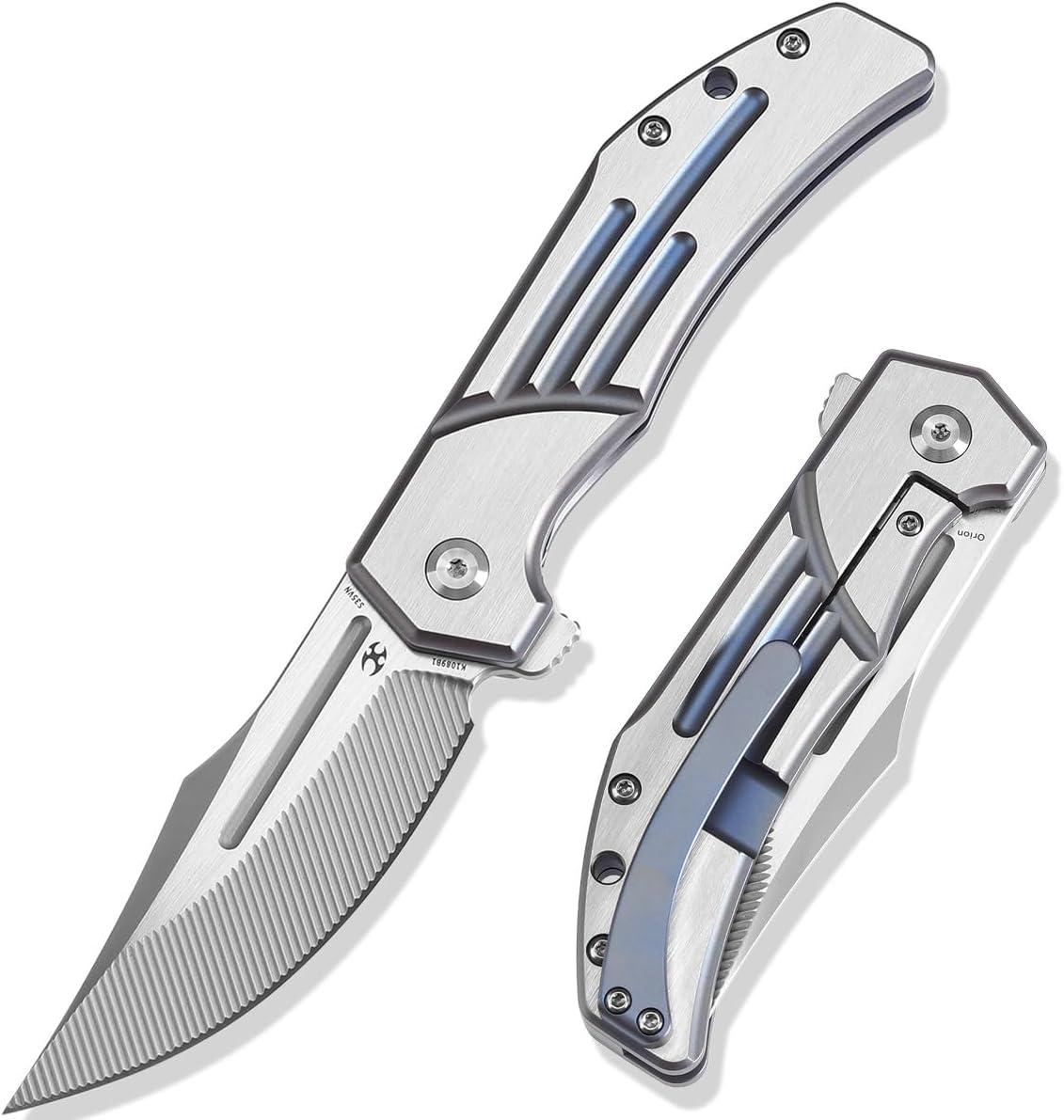 KANSEPT Orion Pocket Knife, 3.07'' CPM S35VN with CNC Milling Blade with Blood Groove, Blue Anodized Titanium Handle and Flipper or Thumb Disk, for Men Camping Survival Hunting Folding Knives K1089B1