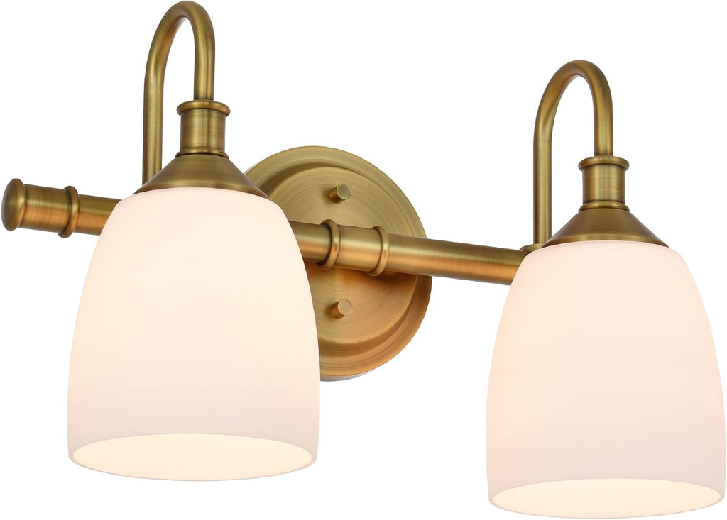 2-Light Champagne Bronze Bathroom Vanity Light Fixtures Over Mirror, Vintage Vanity Lights for Living Room, Milk White Glass Shades, Standard E26 Base