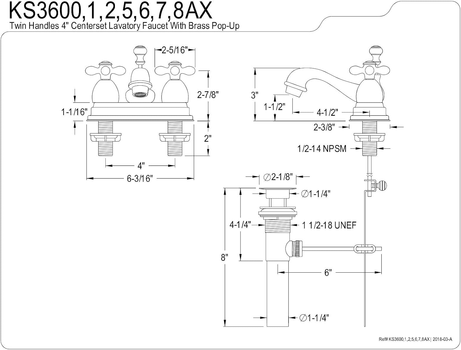 Kingston Brass KS3608AX 4 in. Centerset Bathroom Faucet, Brushed Nickel